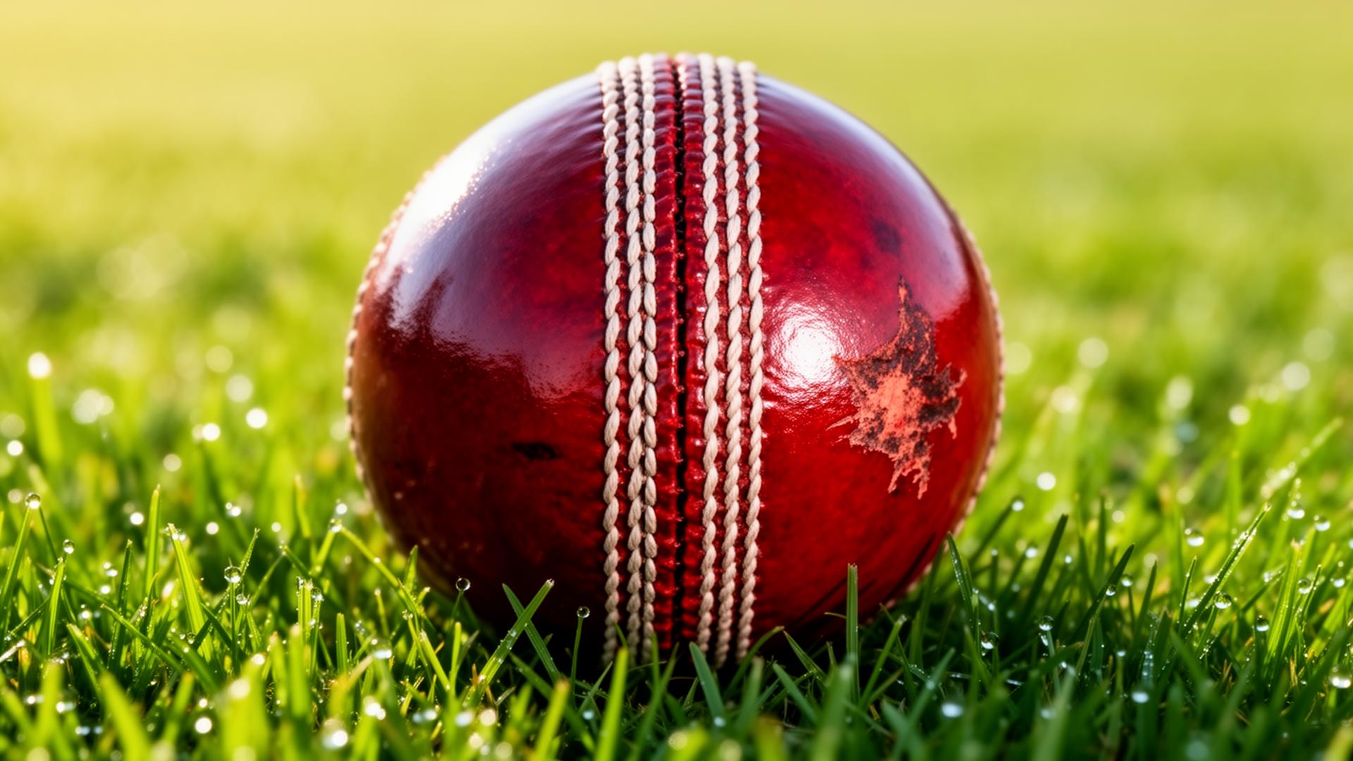 Red cricket ball resting on dewy grass